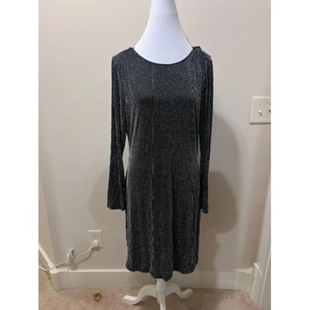 Michael Kors Black Silver Metallic‎ Pinstripe Cowl Back Dress MH78X7484A Large